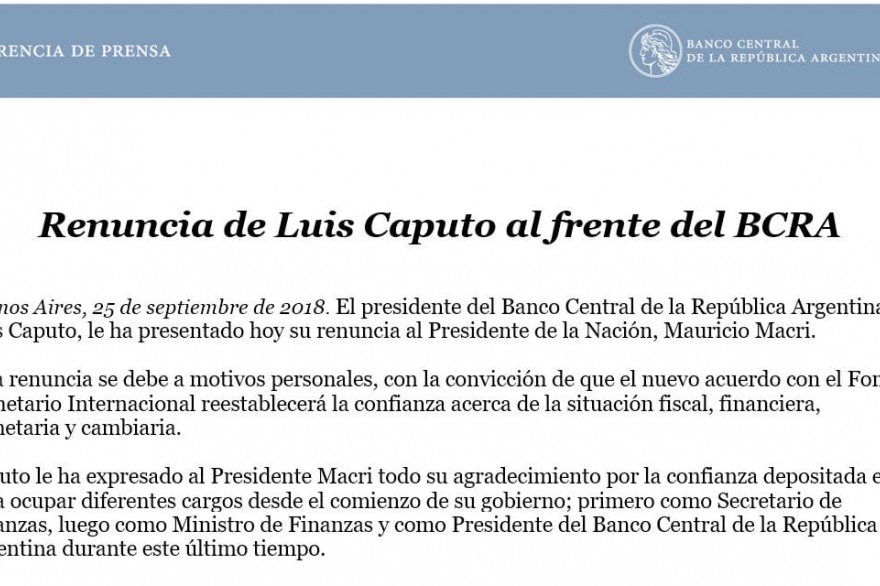 Caputo renunció a la presidencia del BCRA