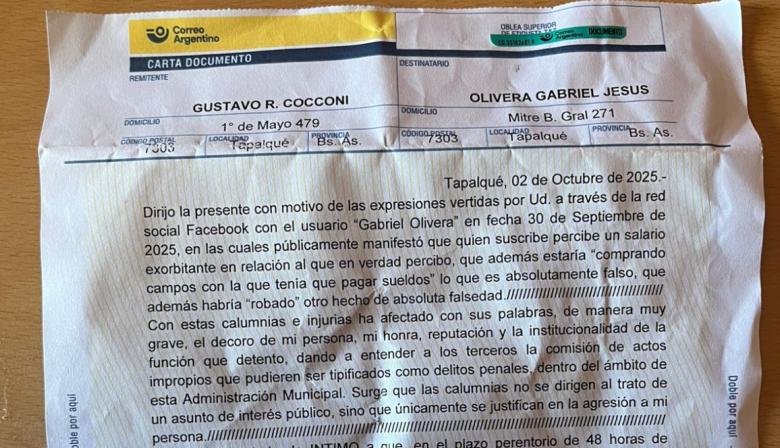 Del Facebook al juzgado: Cocconi intimó a un ex candidato opositor por calumnias e injurias
