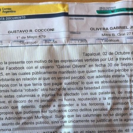 Del Facebook al juzgado: Cocconi intimó a un ex candidato opositor por calumnias e injurias
